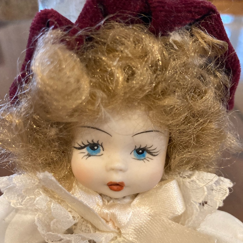 Bisque Porcelain Doll from Italy with Lace Dress and Red Hat
